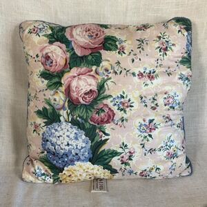 Vintage Waverly Floral Print Pillow Cabbage‎ Rose Hydrangea Pink Blue Trim READ